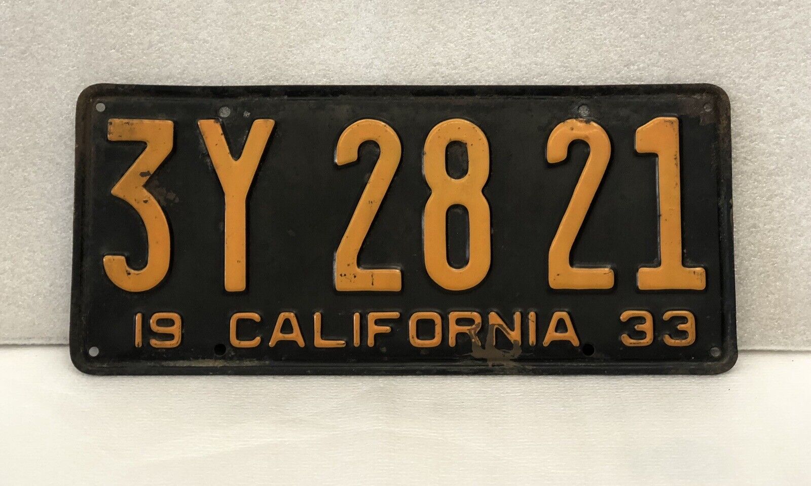 1933 California Black License Plate \'3Y 28 21\' Original Paint Unrestored