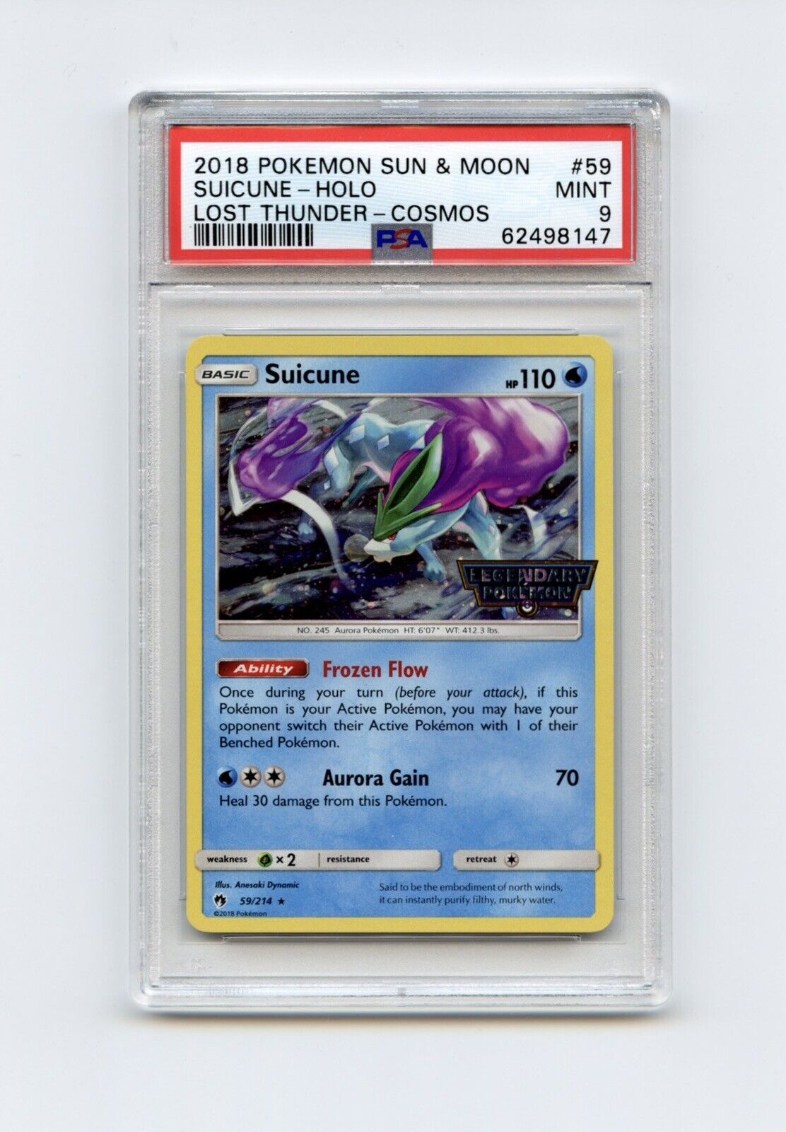 Pokémon Card Suicune Holo - Lost Thunder Cosmos Legendary Pokémon Stamp PSA 9