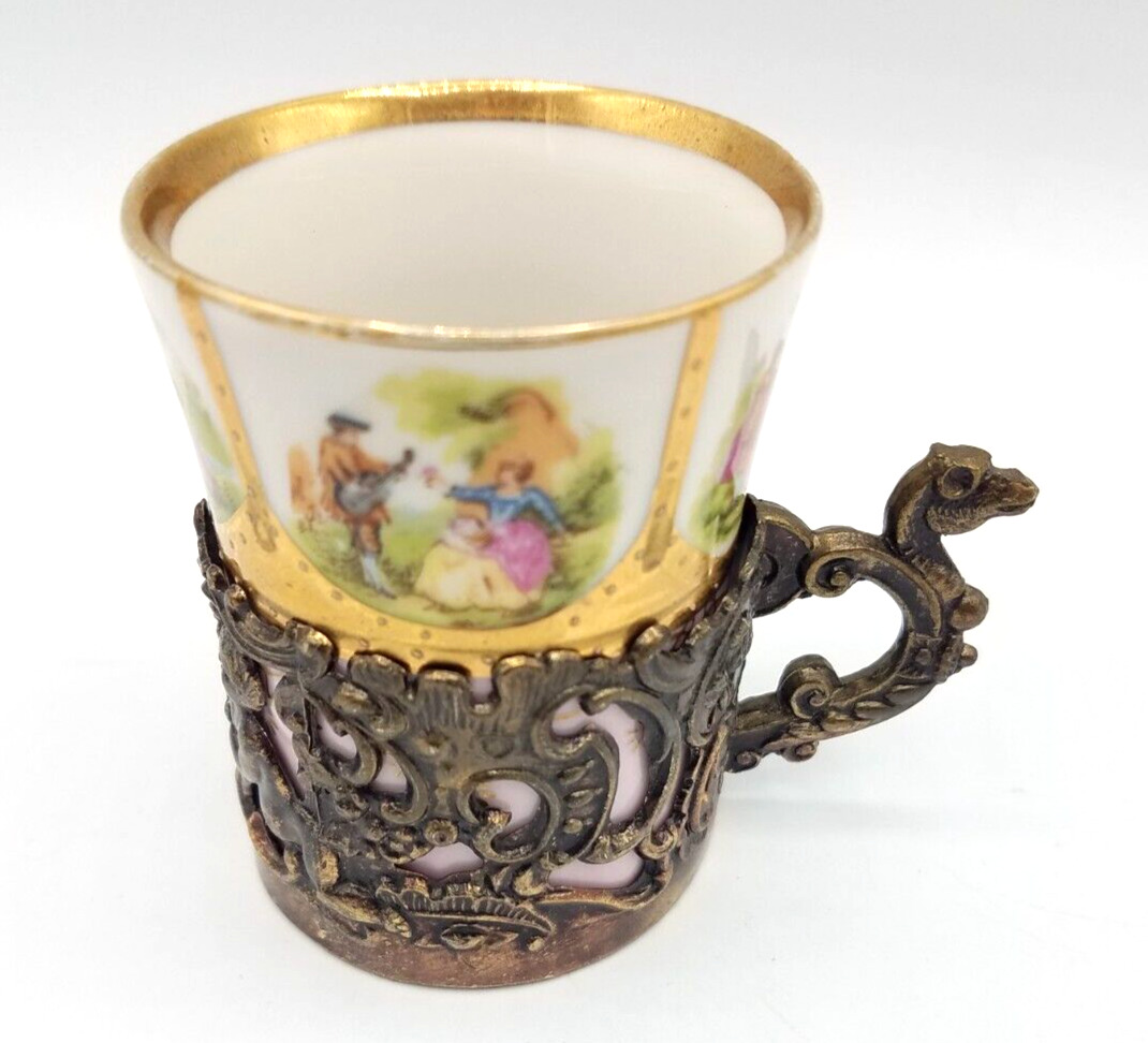 Antique Pink Porcelain Demitasse Tea or Coffee Cup Ornate w/Brass Holder