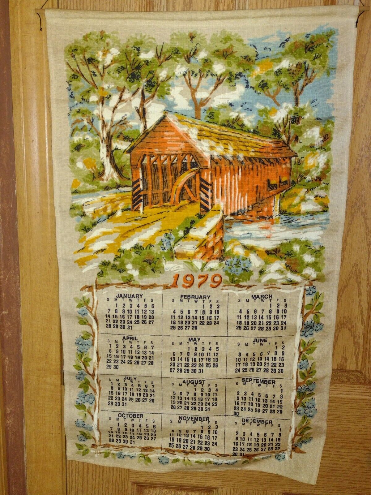 Vintage 1979 Fabric Linen  Calendar Covered Bridge Scene 27x16 READ