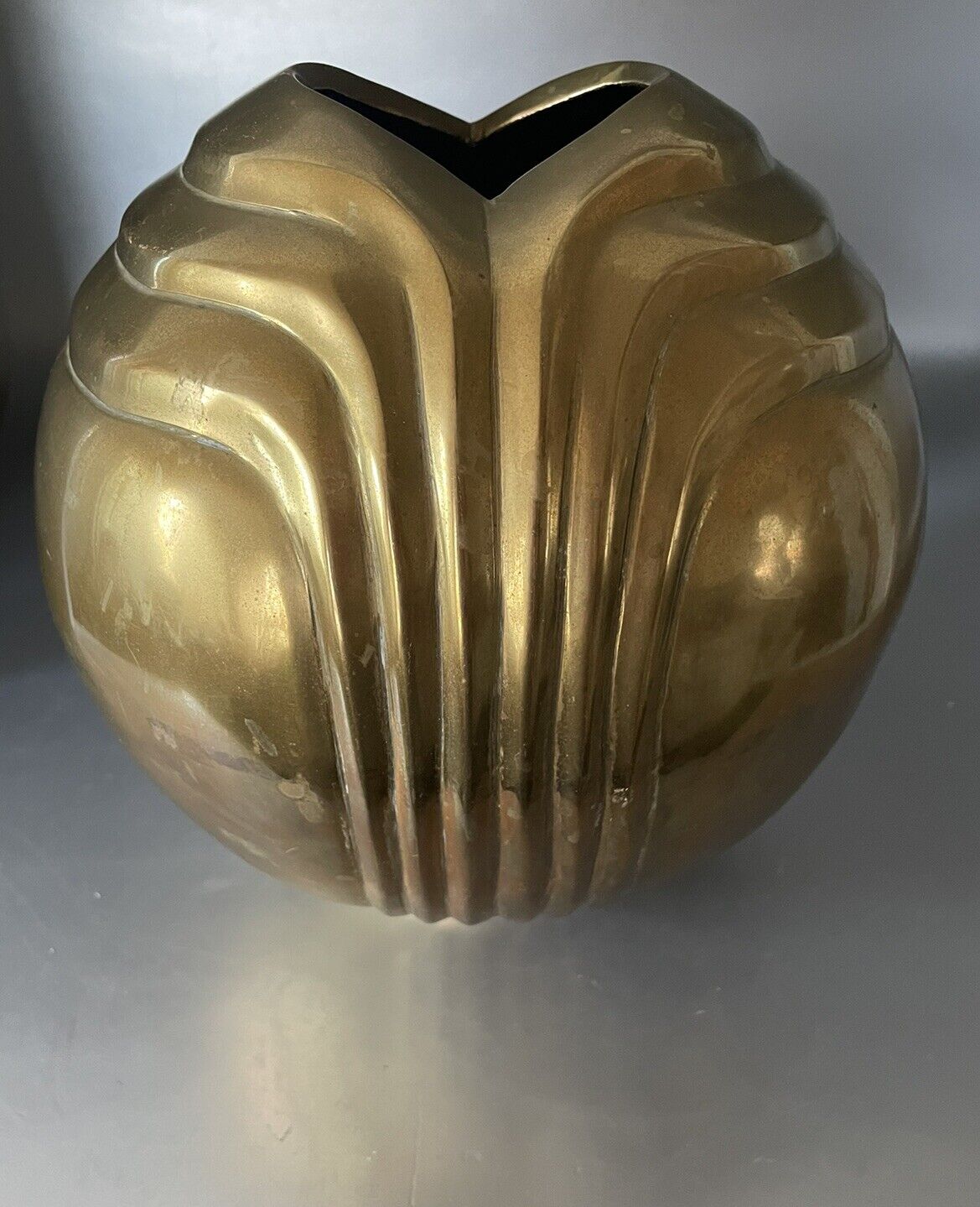 Vintage Art Deco Brass Vase Solid Brass Decor 1970’s 1980’s MCM Round Retro