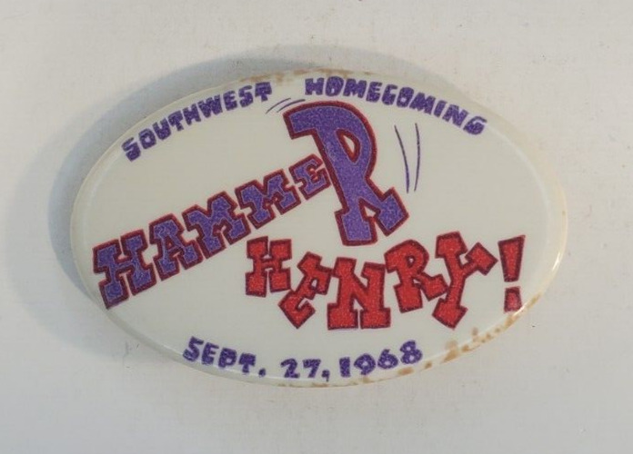 Vintage 1968 Southwest Homecoming MN Hammer Henry Oval Pinback Button Football