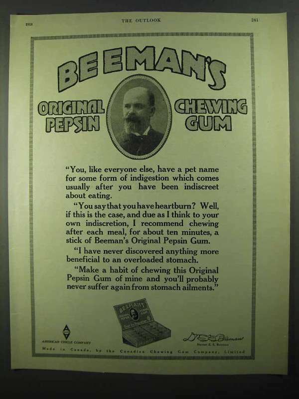 1918 Beeman's Original Pepsin Gum Ad