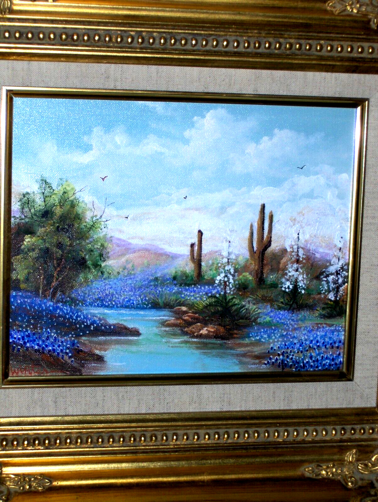 Gorgeous Ornate Gold Frame Bluebonnet Cactus Pond Yucca Blooming Oil Painting VT