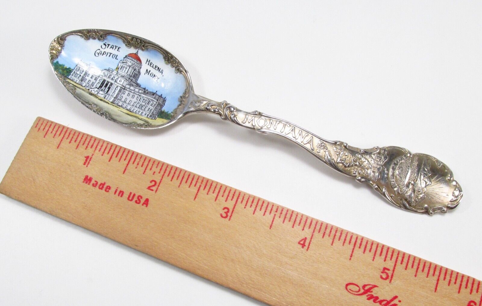Antique Shepard USA Helena Montana Capitol Sterling Silver Enamel Souvenir Spoon