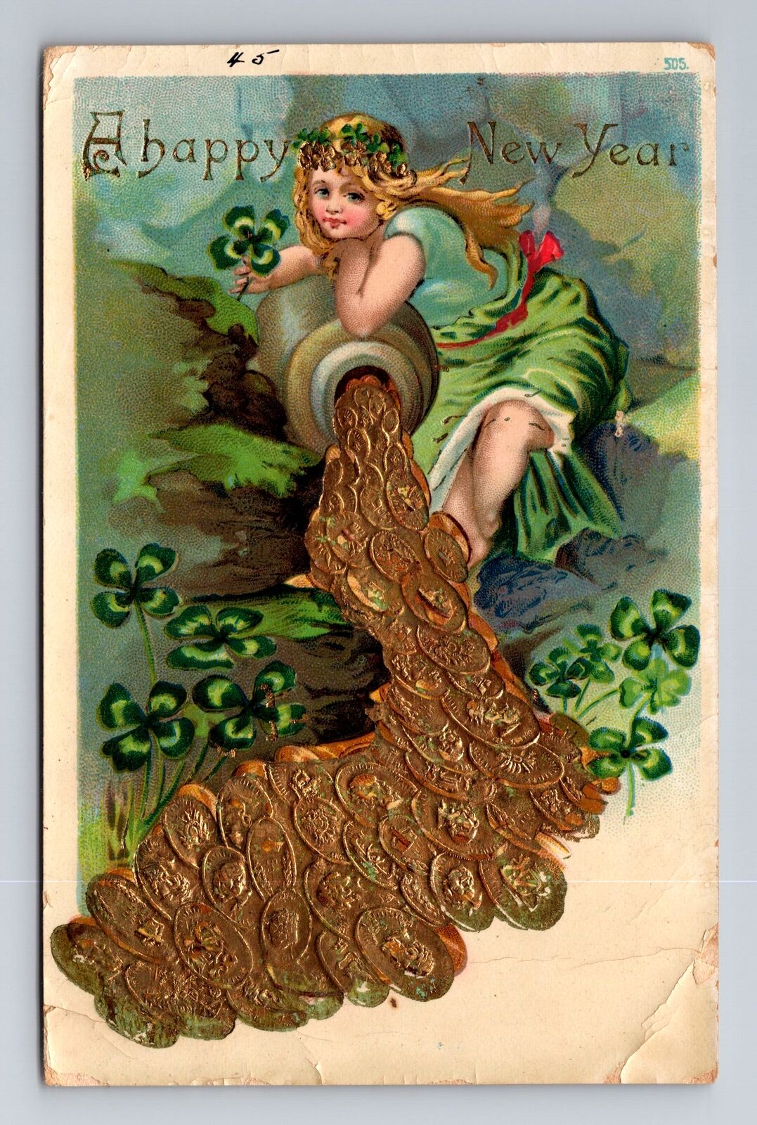 A Happy New Year Pouring Coins Four Leaf Clovers Embossed Vintage c1906 Postcard