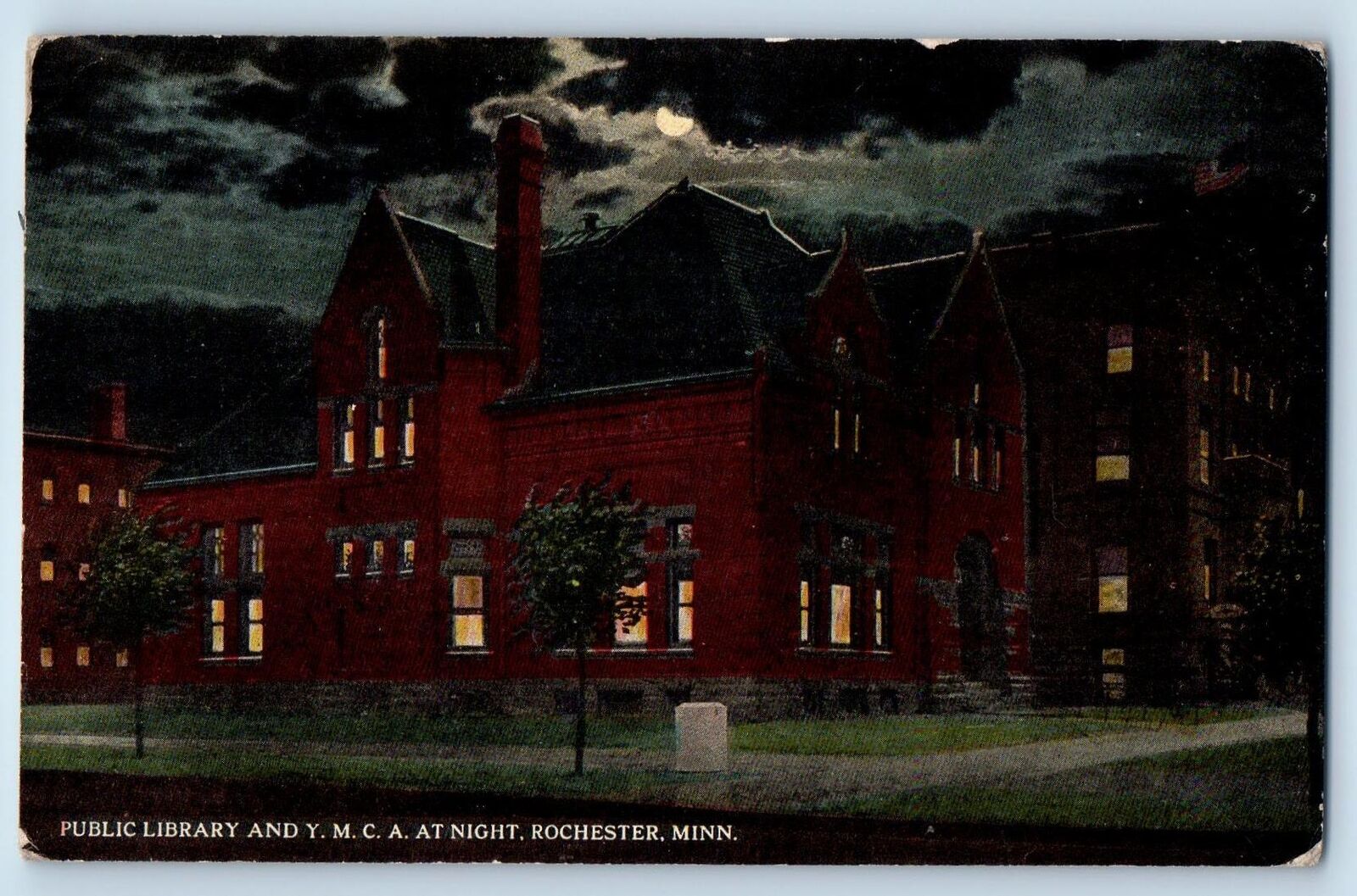 Rochester Minnesota MN Postcard Public Library And YMCA At Night c1910\'s Antique