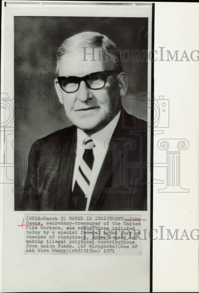 1971 Press Photo John Owens, United Mine Workers secretary-treasurer indicted.