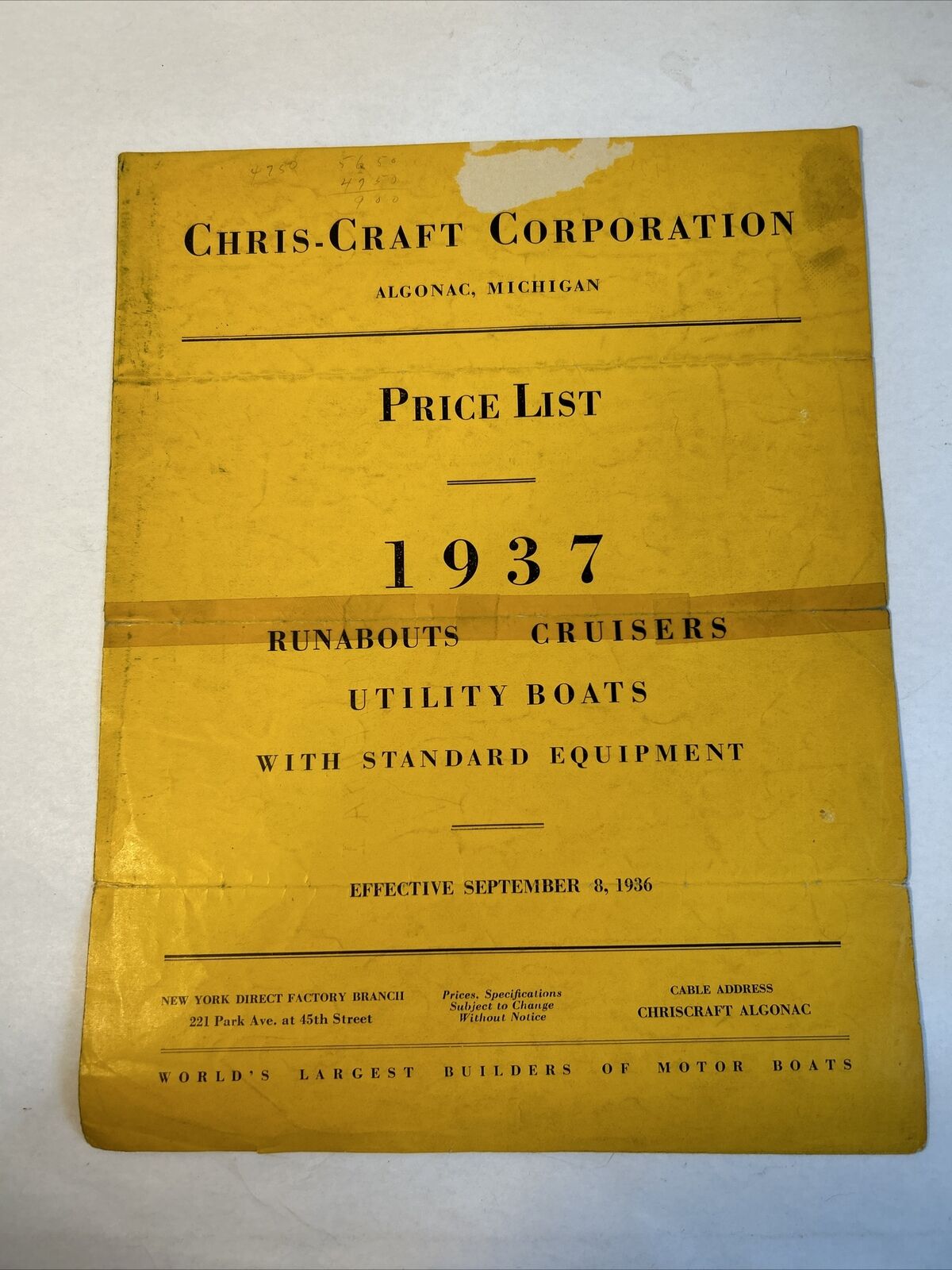 1937 Chris Craft Original Price List - Only One In The World - SUPER RARE