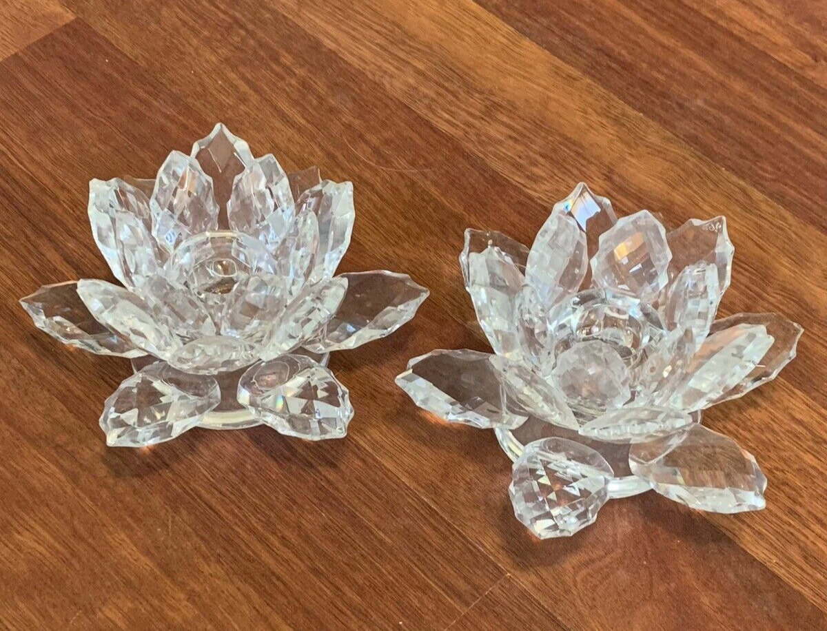 Pair of Crystal Lotus Water Lily Faceted Tapered Candle Holder Unmarked