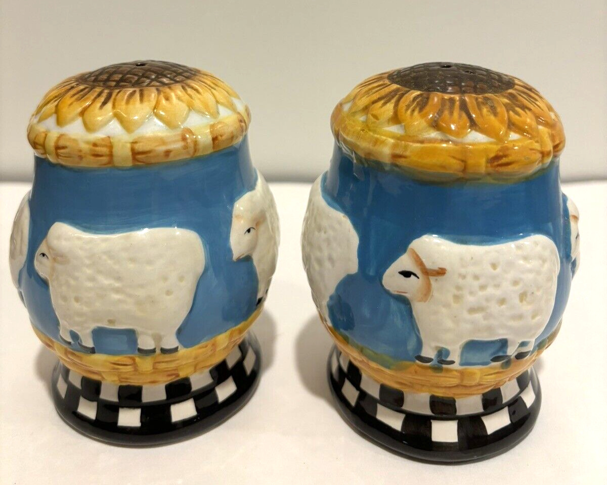 Vintage Ceramic Sheep Lamb Sunflower Salt and Pepper Shakers 3 3/4\