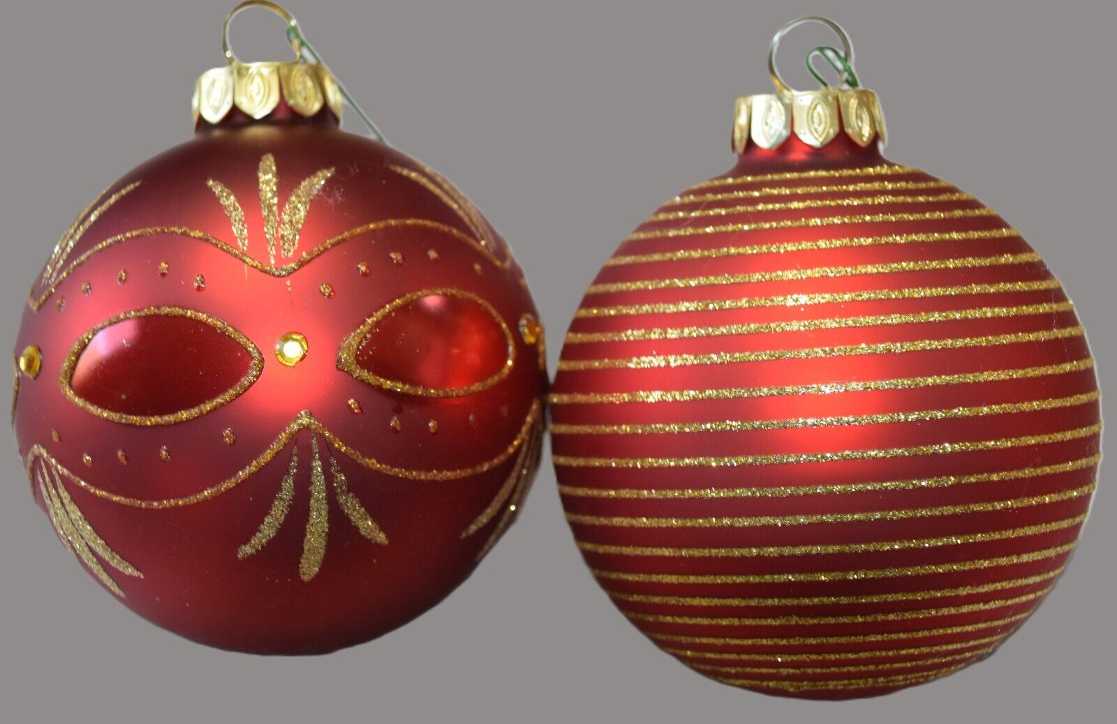 Lot of 2•Dark Red Gold Christmas Tree Bling Sparkle Glass Ornaments Hand Painted