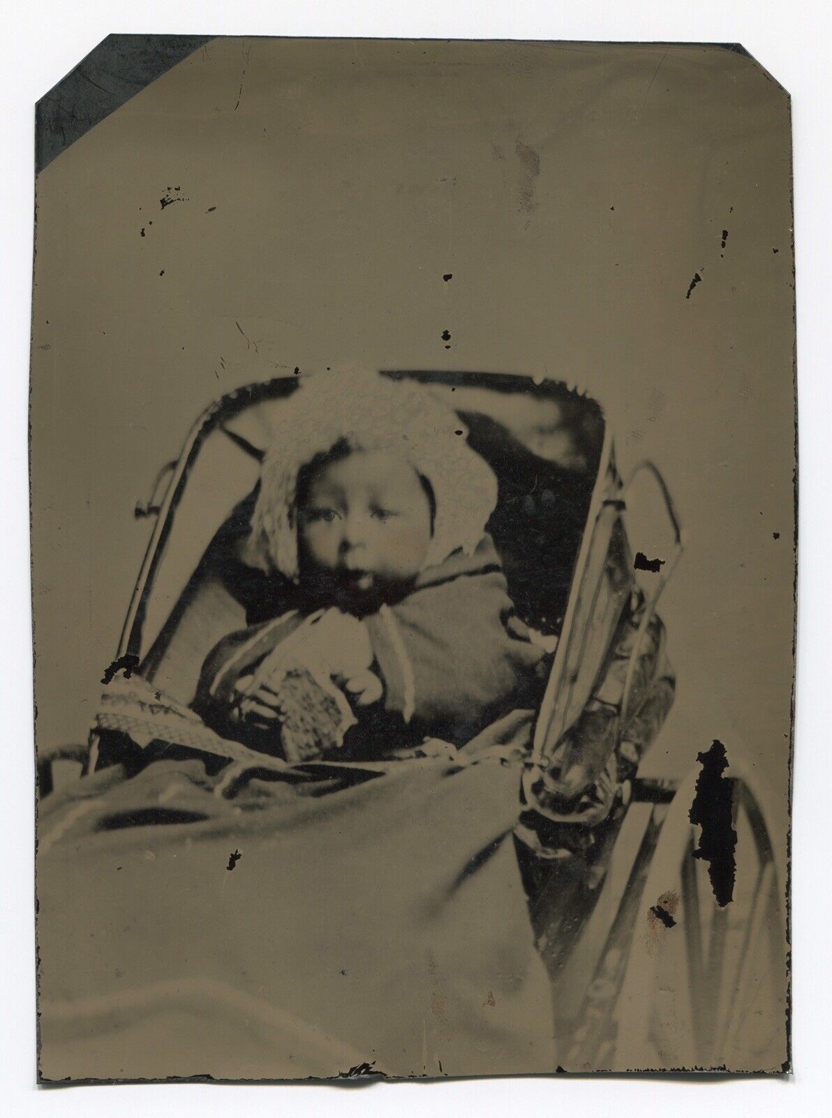 Quarter Plate Tintype, Cute African American Baby In Bonnet And Pram