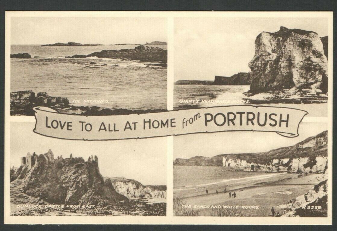 1950s Postcard LOVE to All at HOME from PORTRUSH Dunluce Castle Sands&WhiteRocks