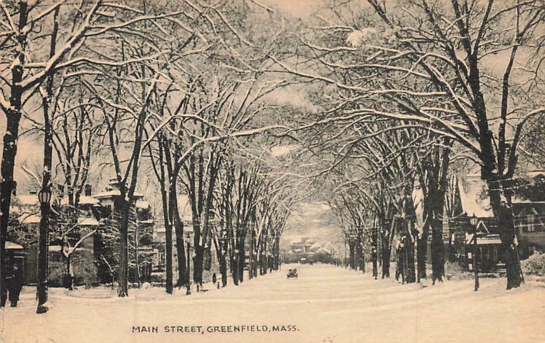 Main Street In Snow Car Winter Scene Greenfield MA c1910 P177