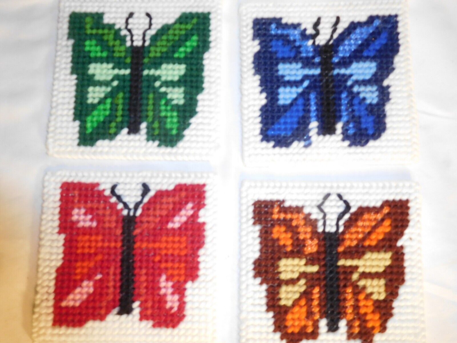 4 Vintage 70\'s Hand-Knit Colorful Butterflies Coasters in Matching Holder