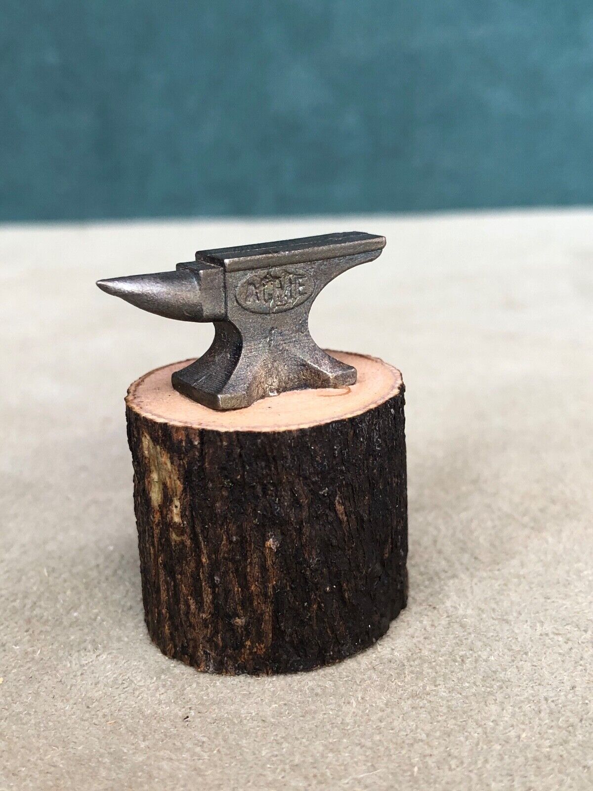 Miniature Fine Pewter Anvil On Real Tree Stump