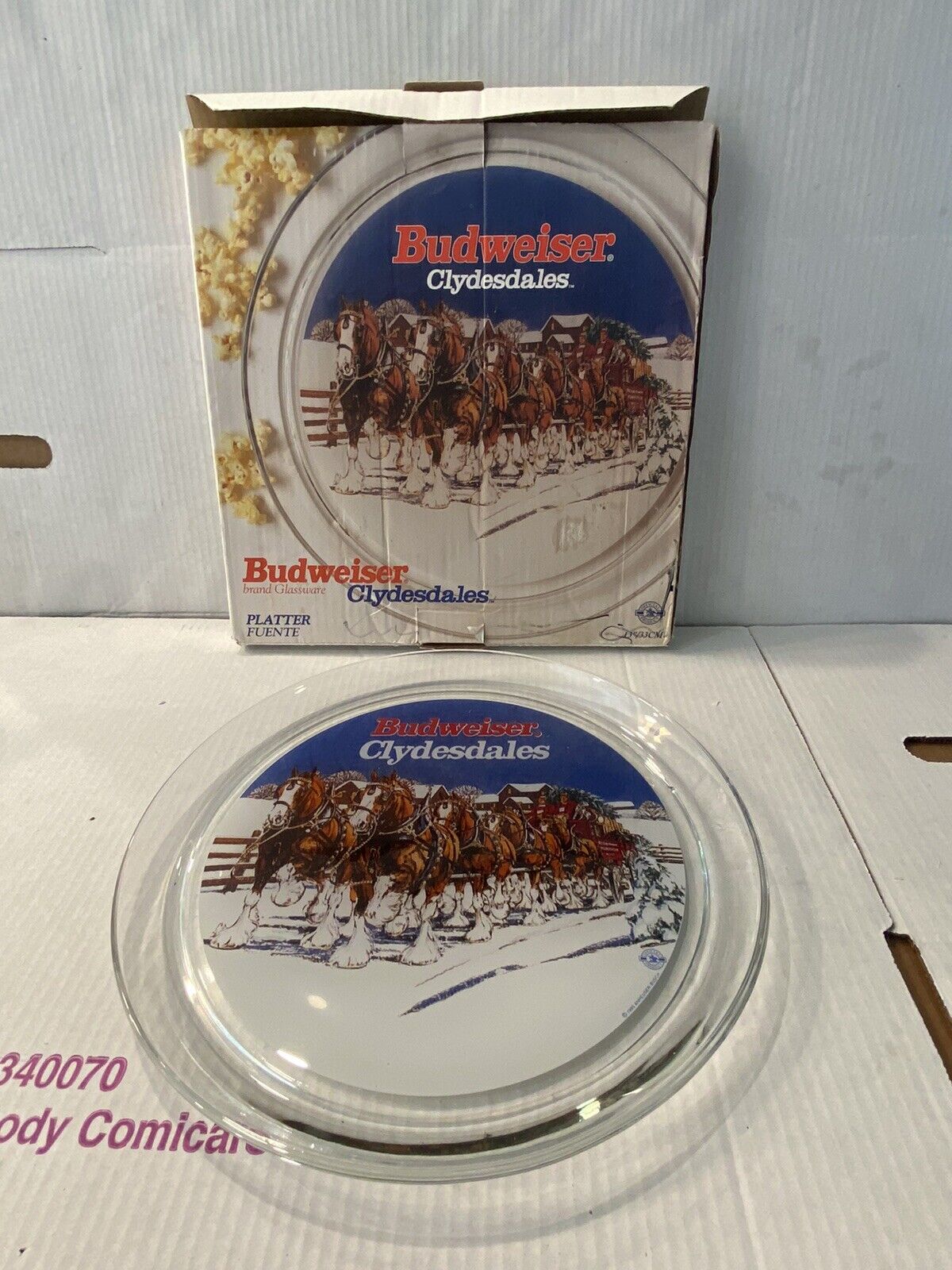 Budweiser  Glassware Large Clydesdales Horse Platter Indiana Glass 1995 w/ box