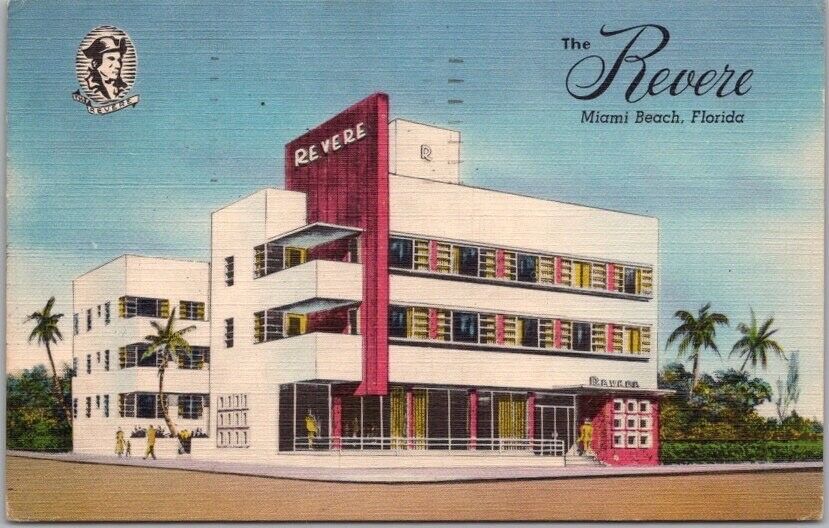 Miami Beach, Florida Postcard THE REVERE HOTEL Street View / Linen 1952 Cancel