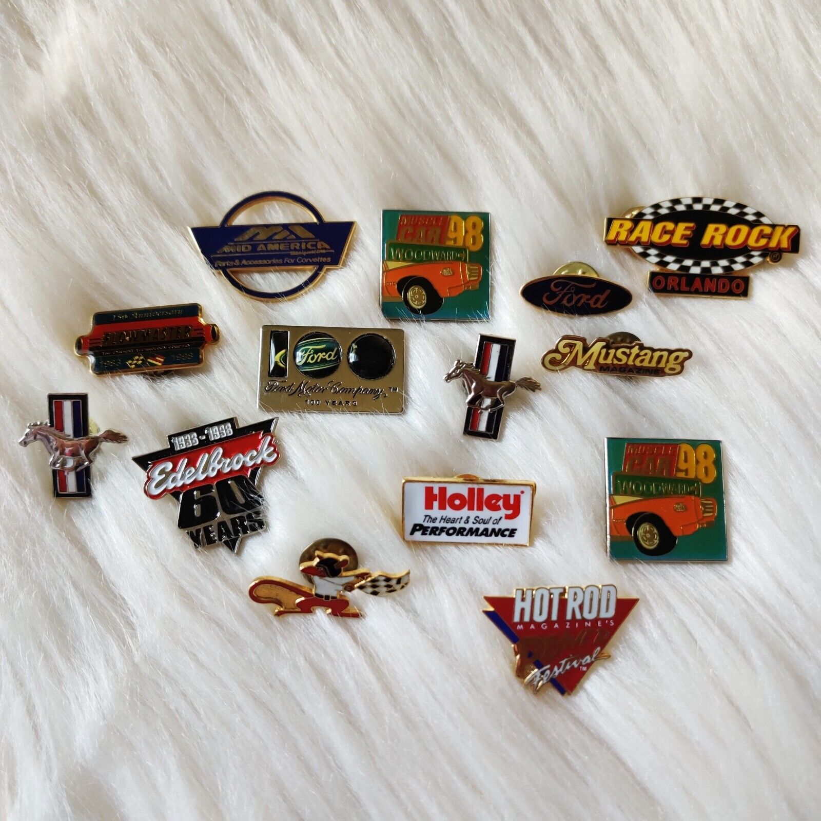 Assorted Vintage Pins Ford Mustang Holley Edelbrock Race Rock Hot Rod Muscle Car