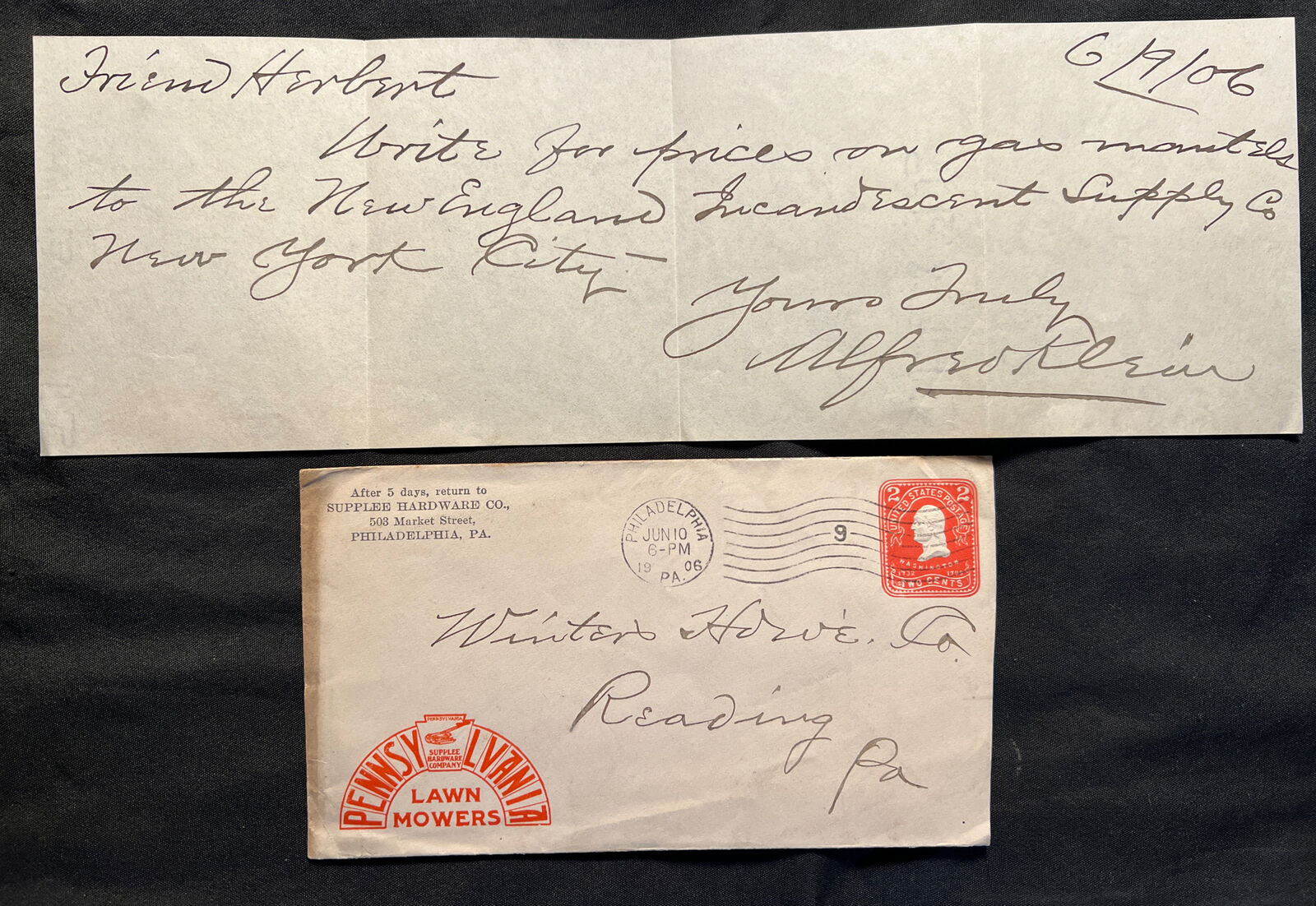 Antique 1906 PENNSYLVANIA Lawn Mowers SUPPLEE Hardware Letter Envelope