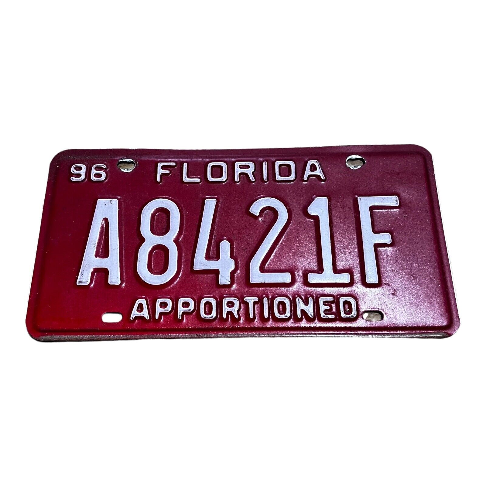 Vintage 1996 Florida Apportioned License Plate Original Tag RED A8421F Man Cave