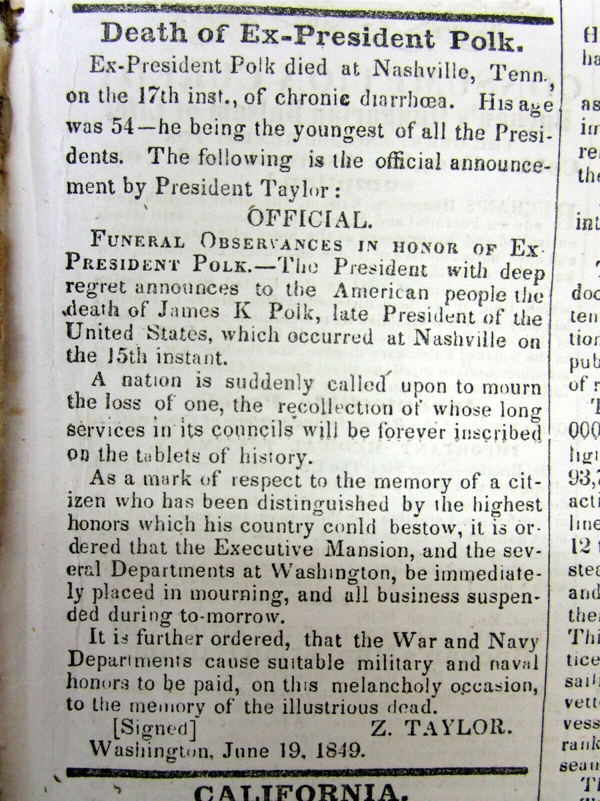 1849 newspaper with DEATH of EX-PRESIDENT JAMES KNOX POLK in NASHVILLE Tennessee