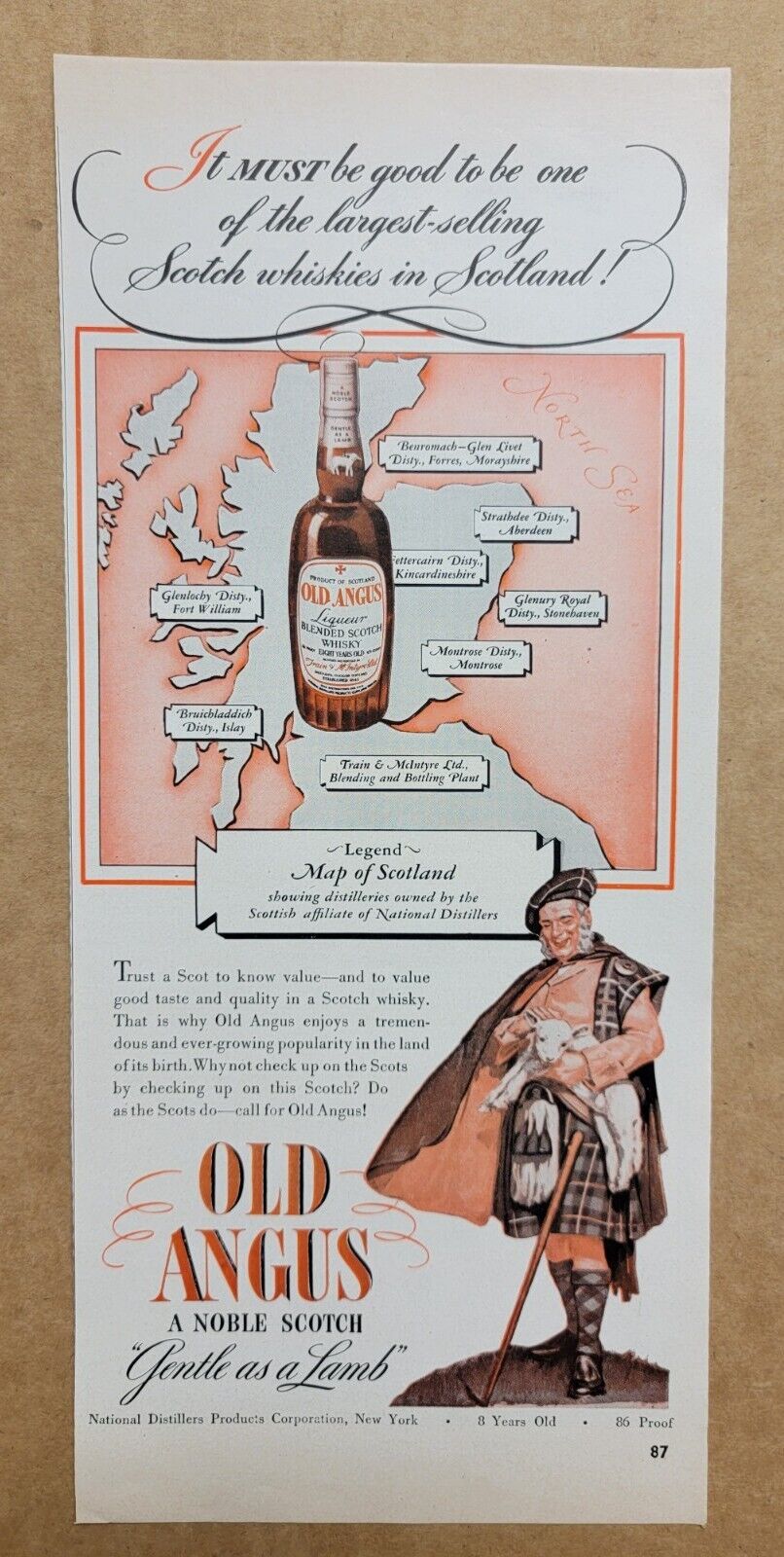 NOSTALGIC 1941 Print Ad Advertisement Old Angus Noble Irish Scotch Gentle Lamb