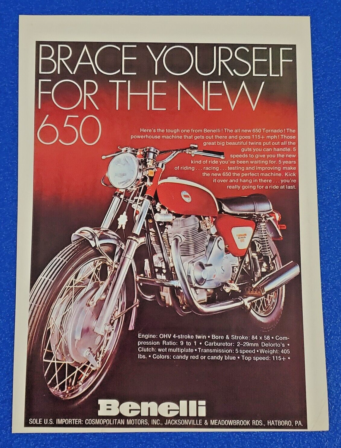 1971 BENELLI 650 TORNADO MOTORCYCLE ORIGINAL COLOR PRINT AD SHIPS FREE (LOT RED)