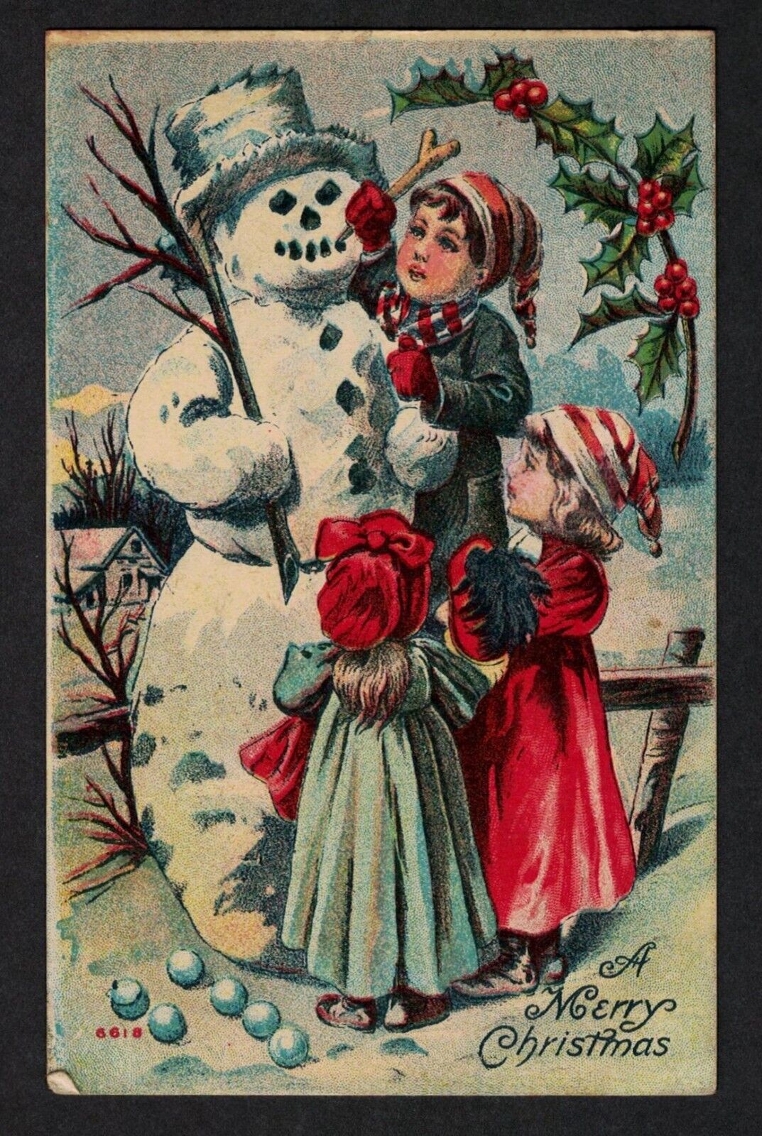 0403 Antique Vintage Christmas Postcard Girls with Snowman ENDERLIN NORTH DAKOTA