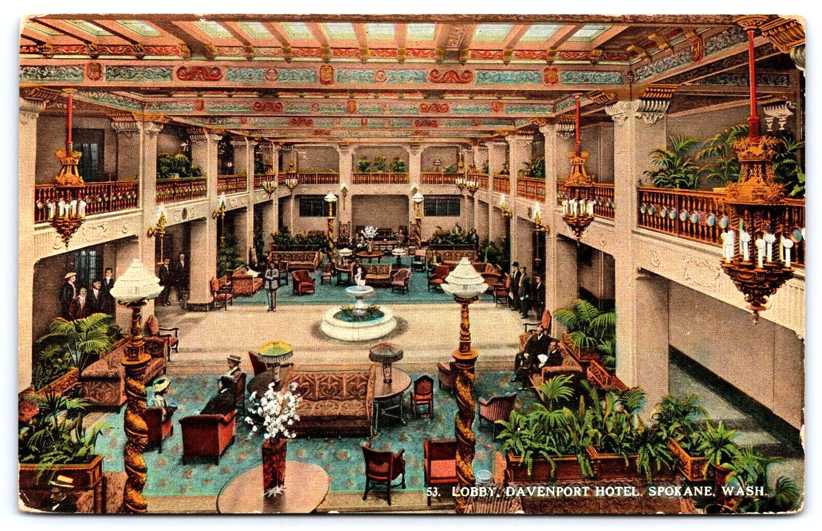 Original Old Vintage Antique Postcard Davenport Hotel Lobby Spokane Washington