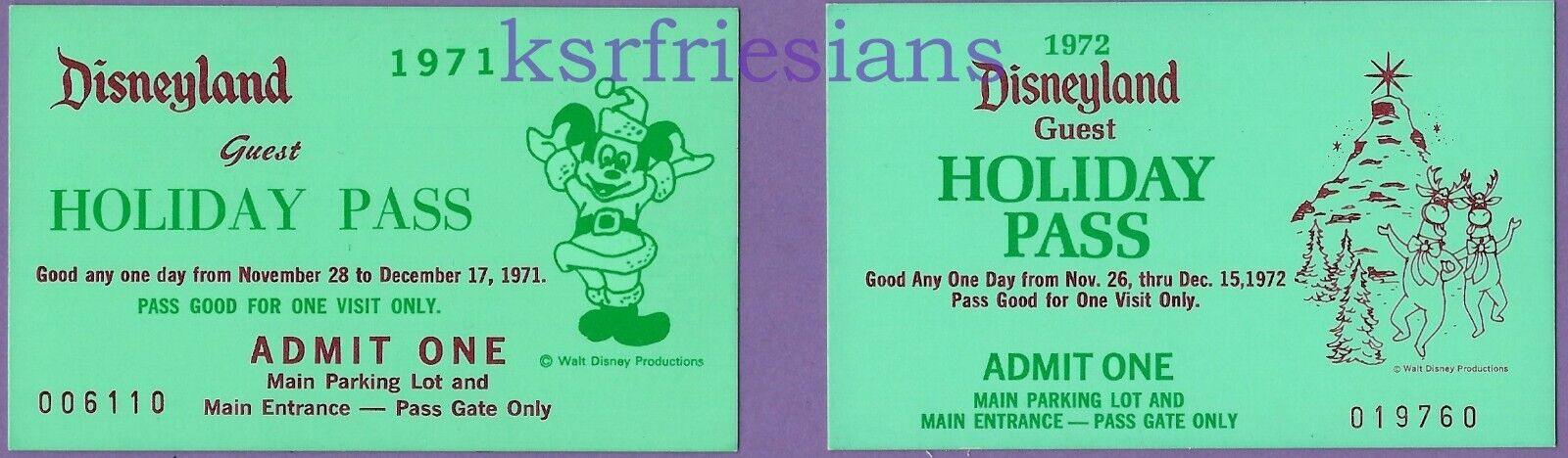 1971 1972 DISNEYLAND GUEST HOLIDAY PASSES Disney Ticket PARKING & ADMISSION