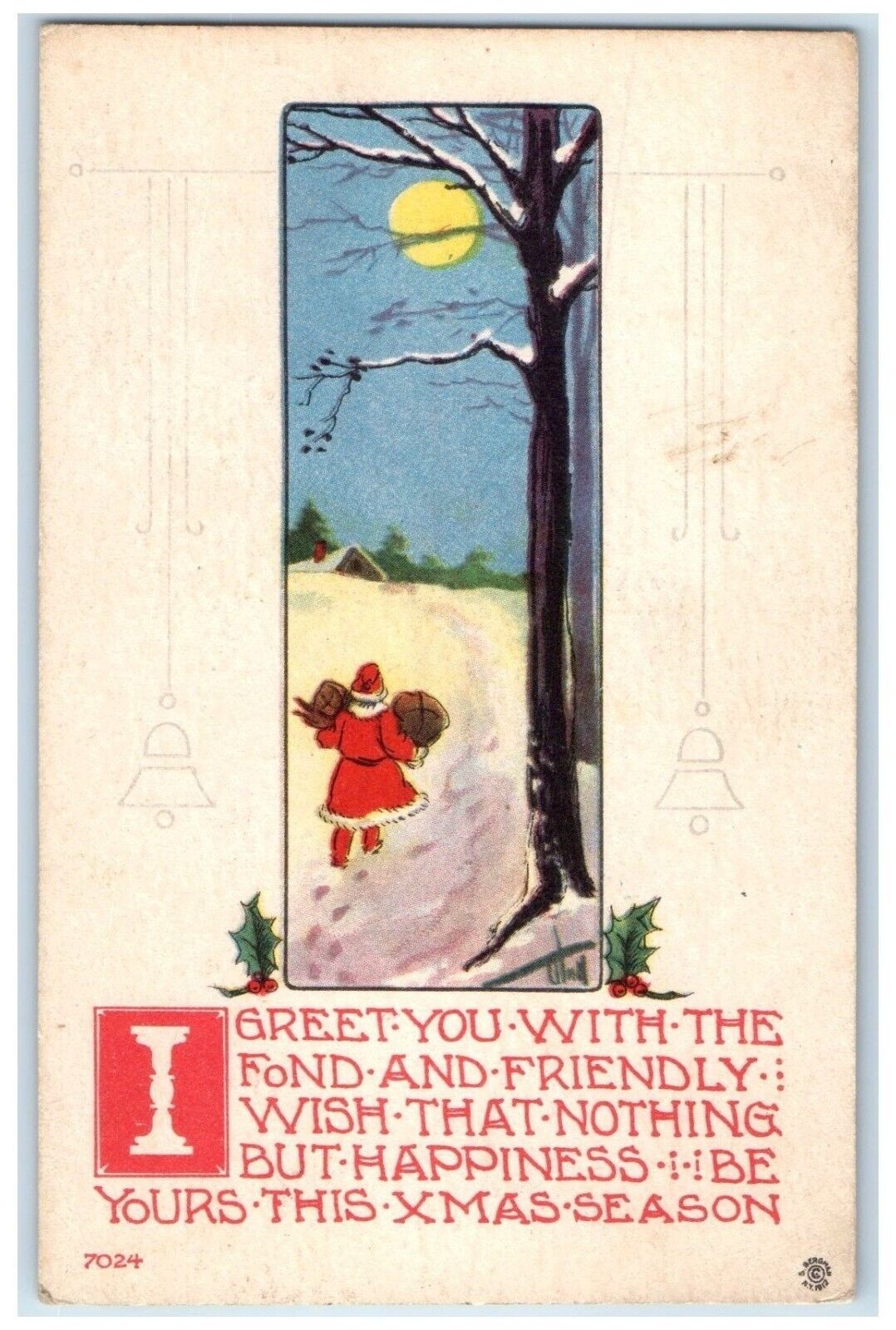 1913 Christmas Santa Claus In Winter House Moon Scene Iowa Falls IA Postcard