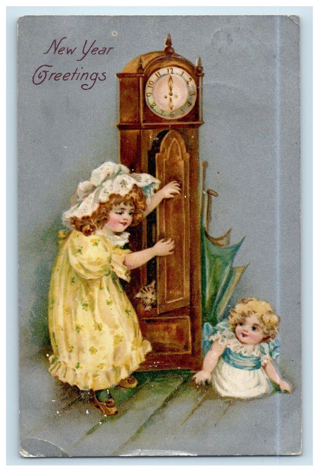1908 New Year Greetings Two Girls Hiding Cat Clock Winsch Back Antique Postcard