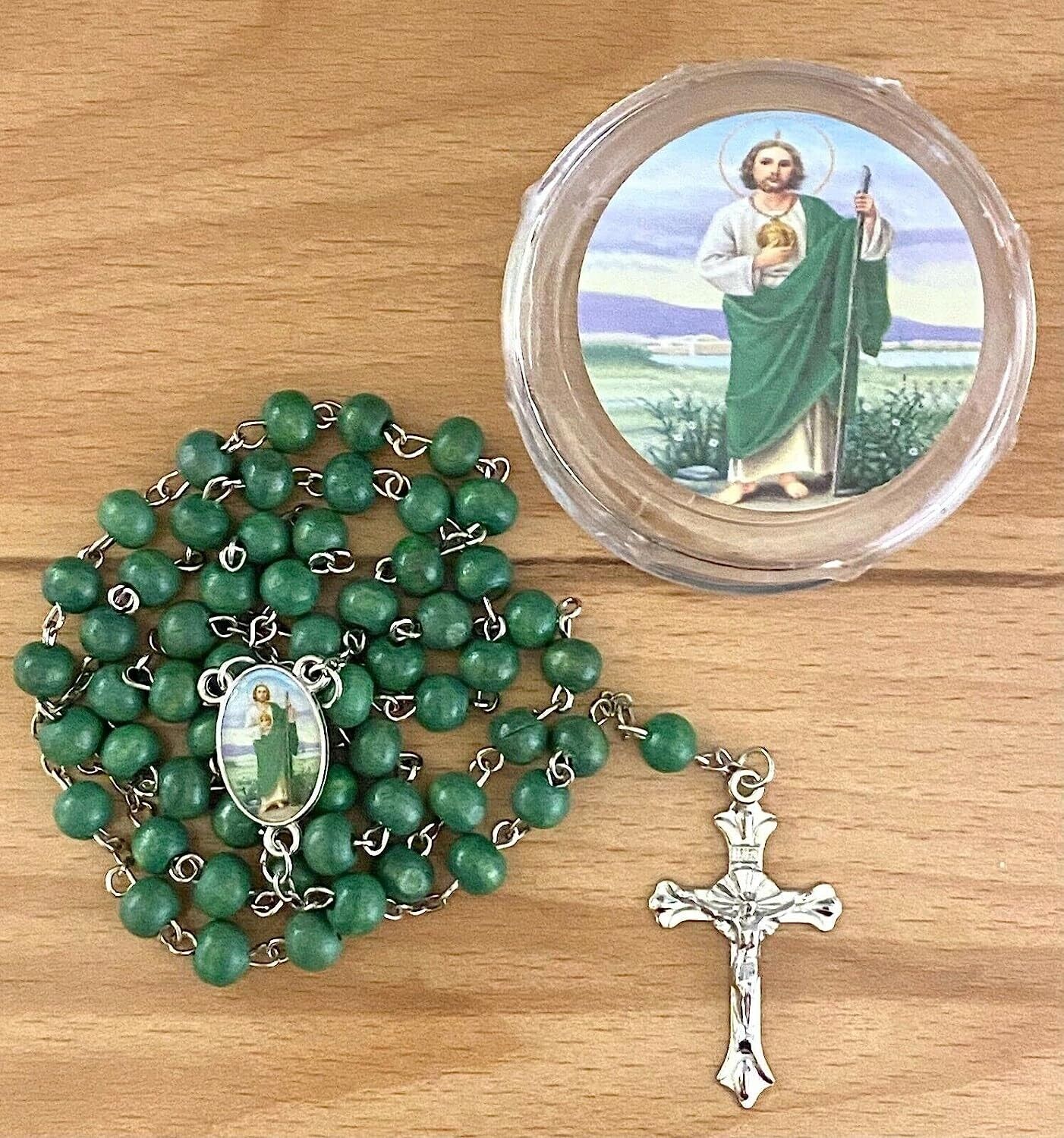 San Judas Tadeo Rosario con Caja Verde / St Jude Thaddeus Green Rosary with Case