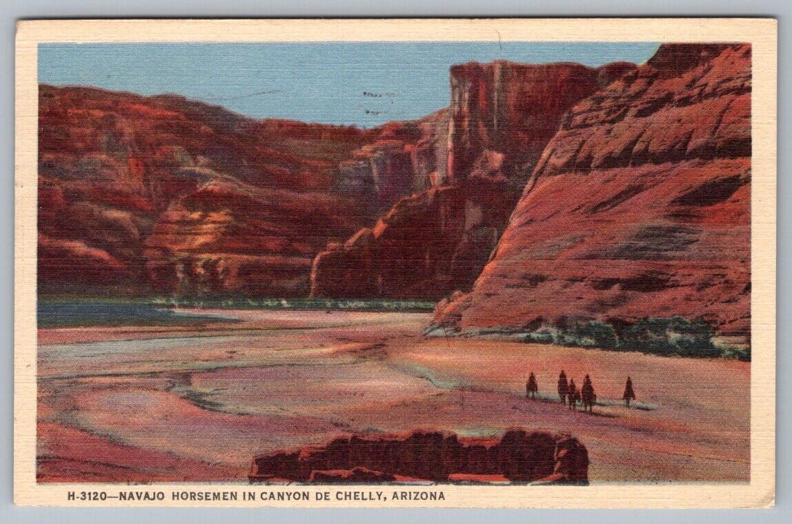 Postcard Arizona Navajo Horsemen in Canyon De Chelly Fred Harvey