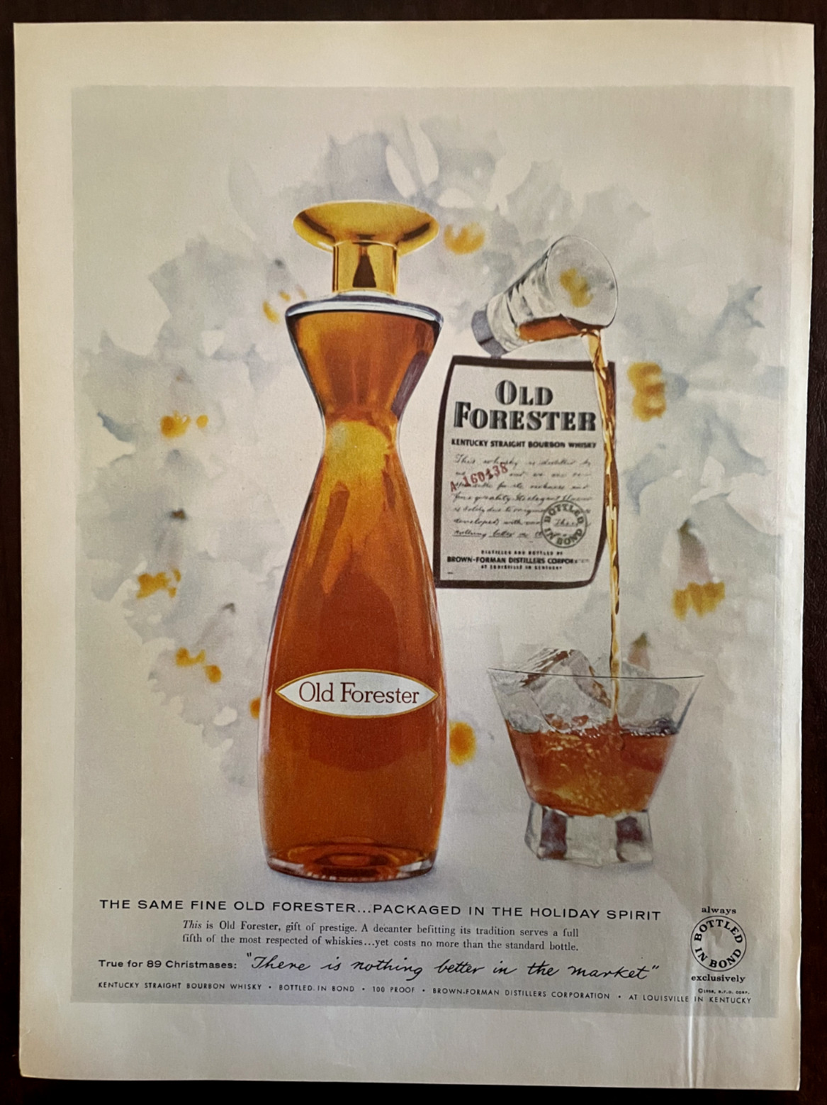 1958 OLD FORESTER Bourbon Vintage Print Ad Kentucky Whiskey Holiday Decanter