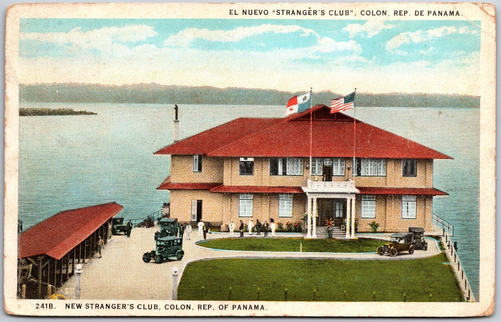 1928 El Nuevo Stranger\'s Club Colon Rep. De Panama Building Flag Posted Postcard