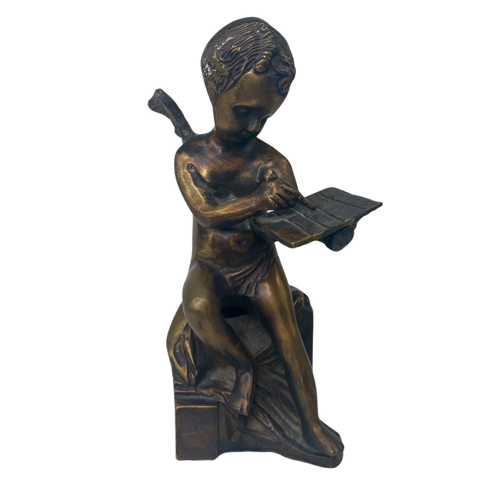 Vintage Brass Bronze Cherub Angel Writing on Tablet Figure Statue