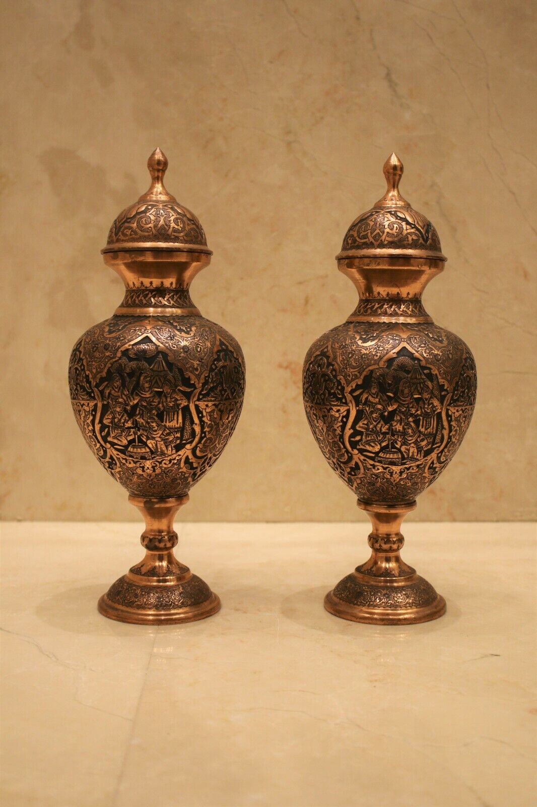 Antique luxury copper pair vase Qajar handmade engraved qalam zani