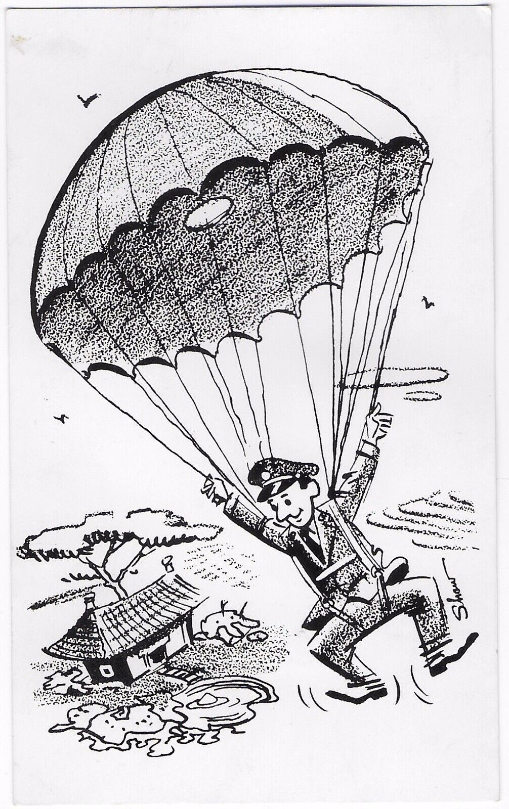 Postcard Gag Cartoon 1950’s Artist Signed Dick Shaw Pilot Parachutes to Hut —C23
