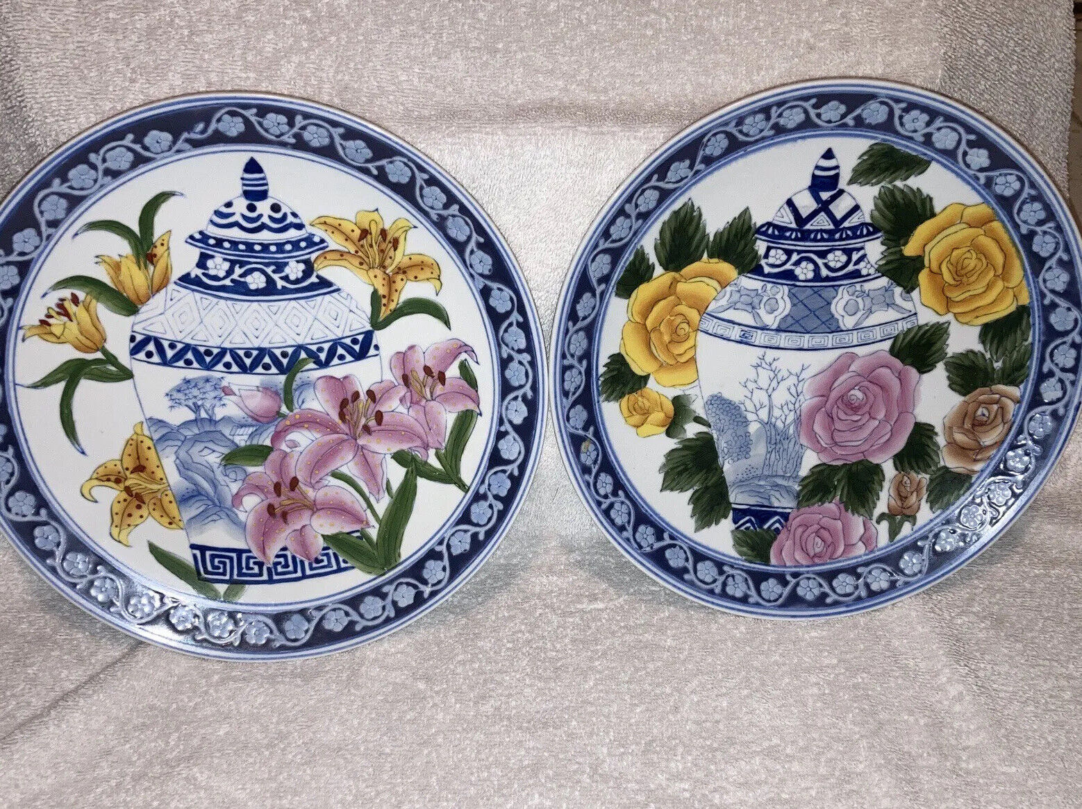 2 Porcelain Hand Painted Chinese Ginger Jar & Roses Decorative Plates 10.25 In