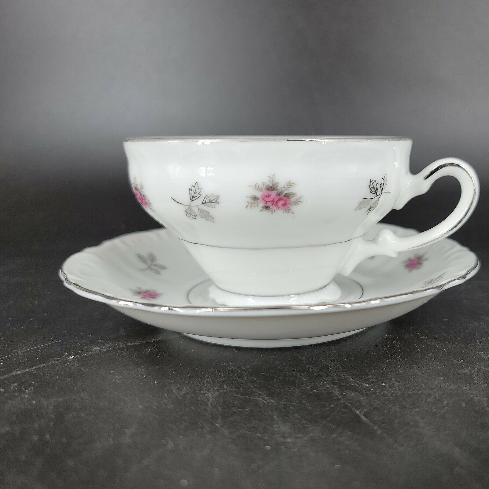 Vintage Fine Bone China Tea Cup & Saucer Rosette Japan White Silver Trim Floral