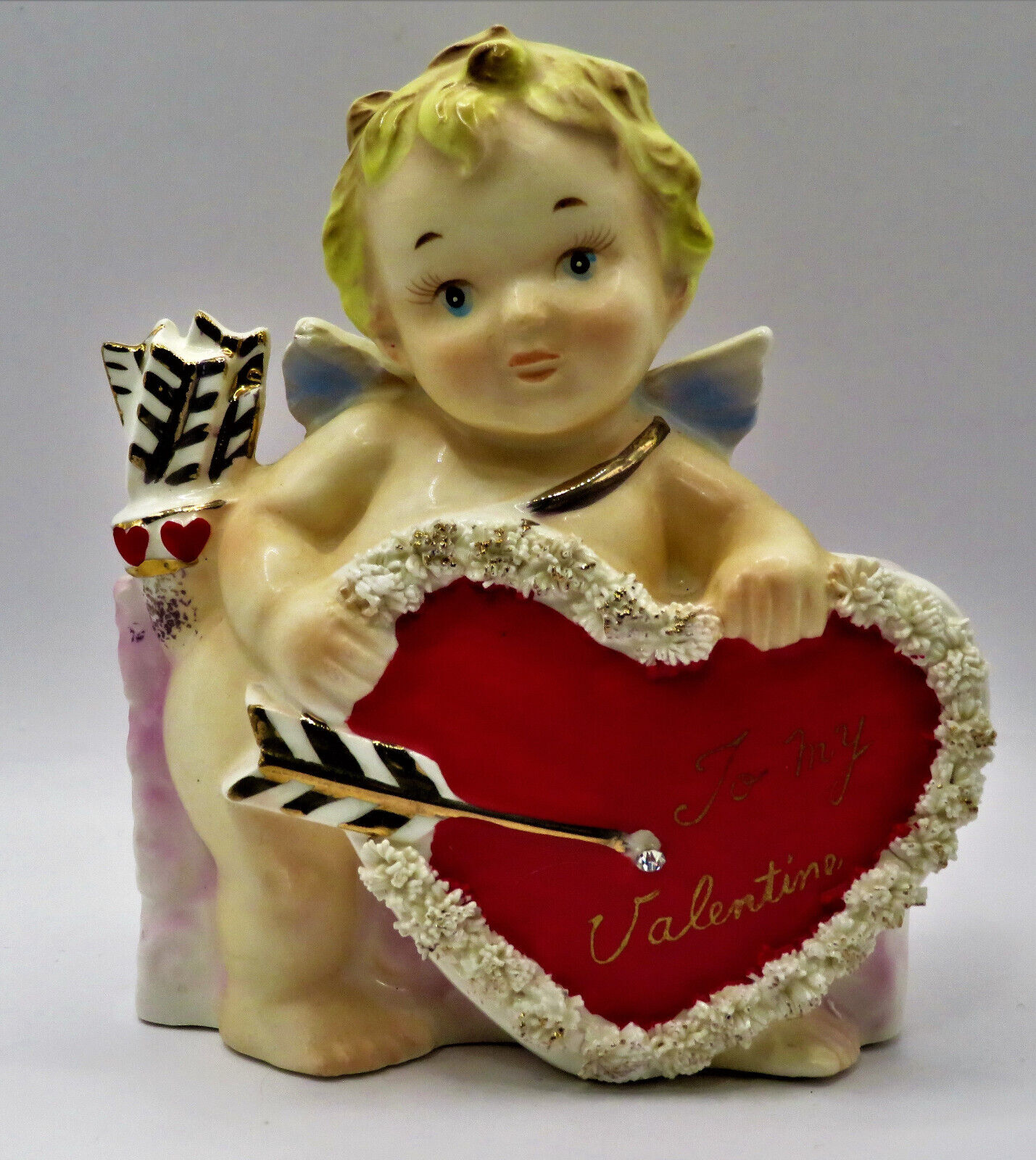 RARE Vintage 1950’s Cupid Girl Valentine Planter Vase Red Heart Rubens Japan EXC