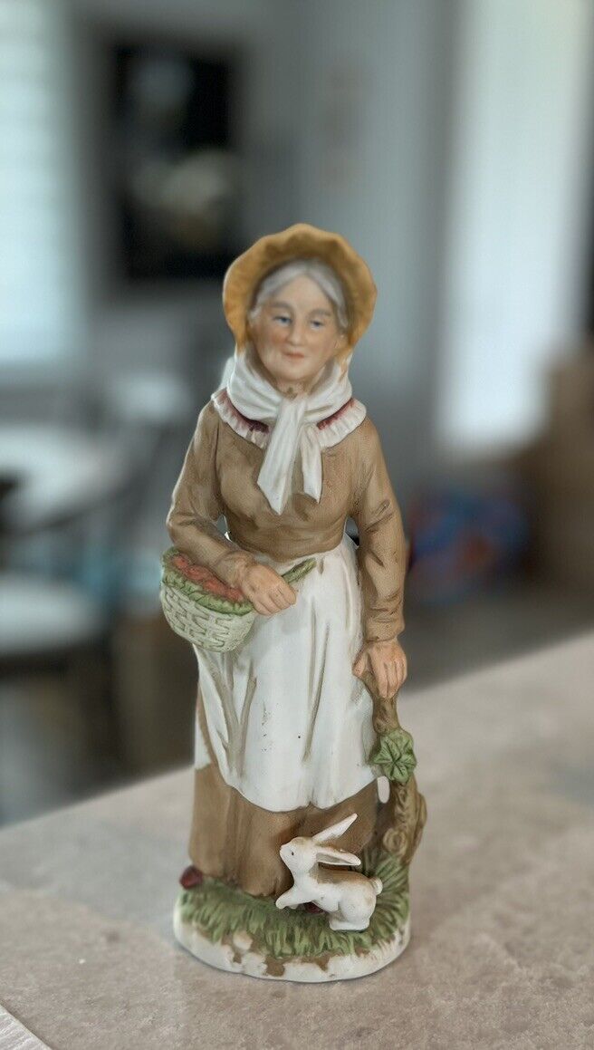 Vintage HOMCO Porcelain Figurine 1409 ~ Old Farmer Woman w/Apple Basket & Rabbit