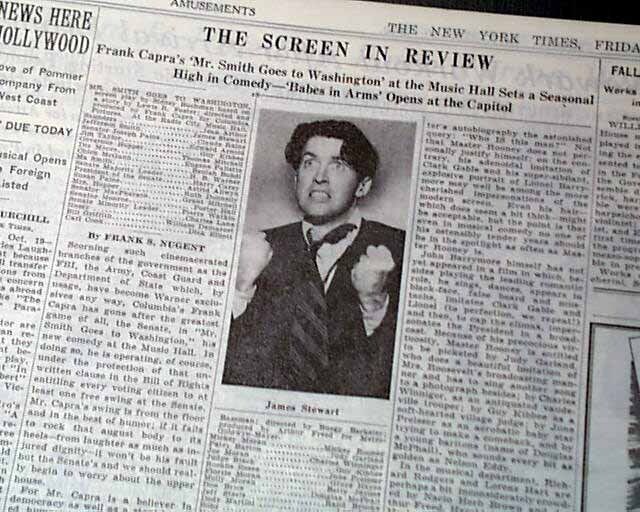 MR. SMITH GOES TO WASHINGTON Jimmy Stewart 1ST Movie Film Review 1939 Newspaper