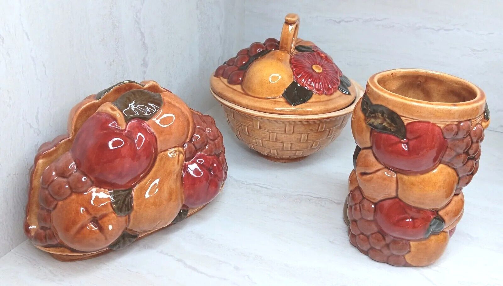 3 pc Antique FRUIT Handmade Pottery Napkin Bowl Cup Signed F Frances Gilbert \'71