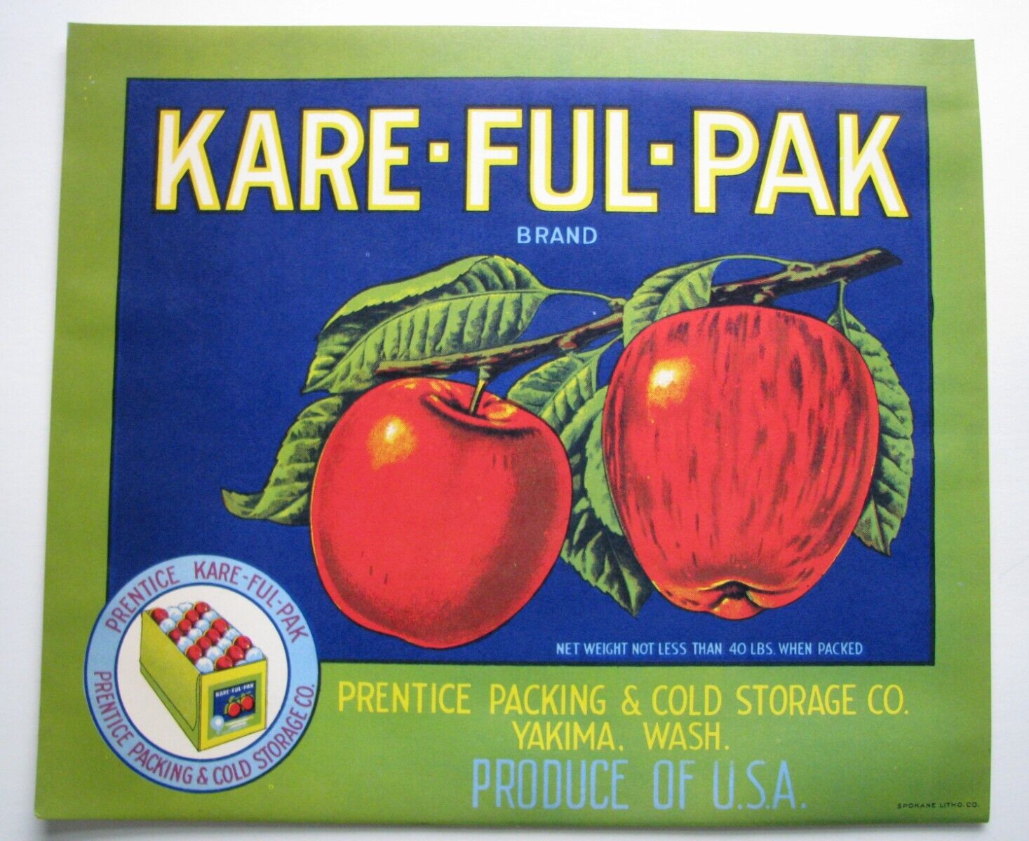 Original KARE-FUL-PAK apple crate label Yakima WA Prentice variant C Grade