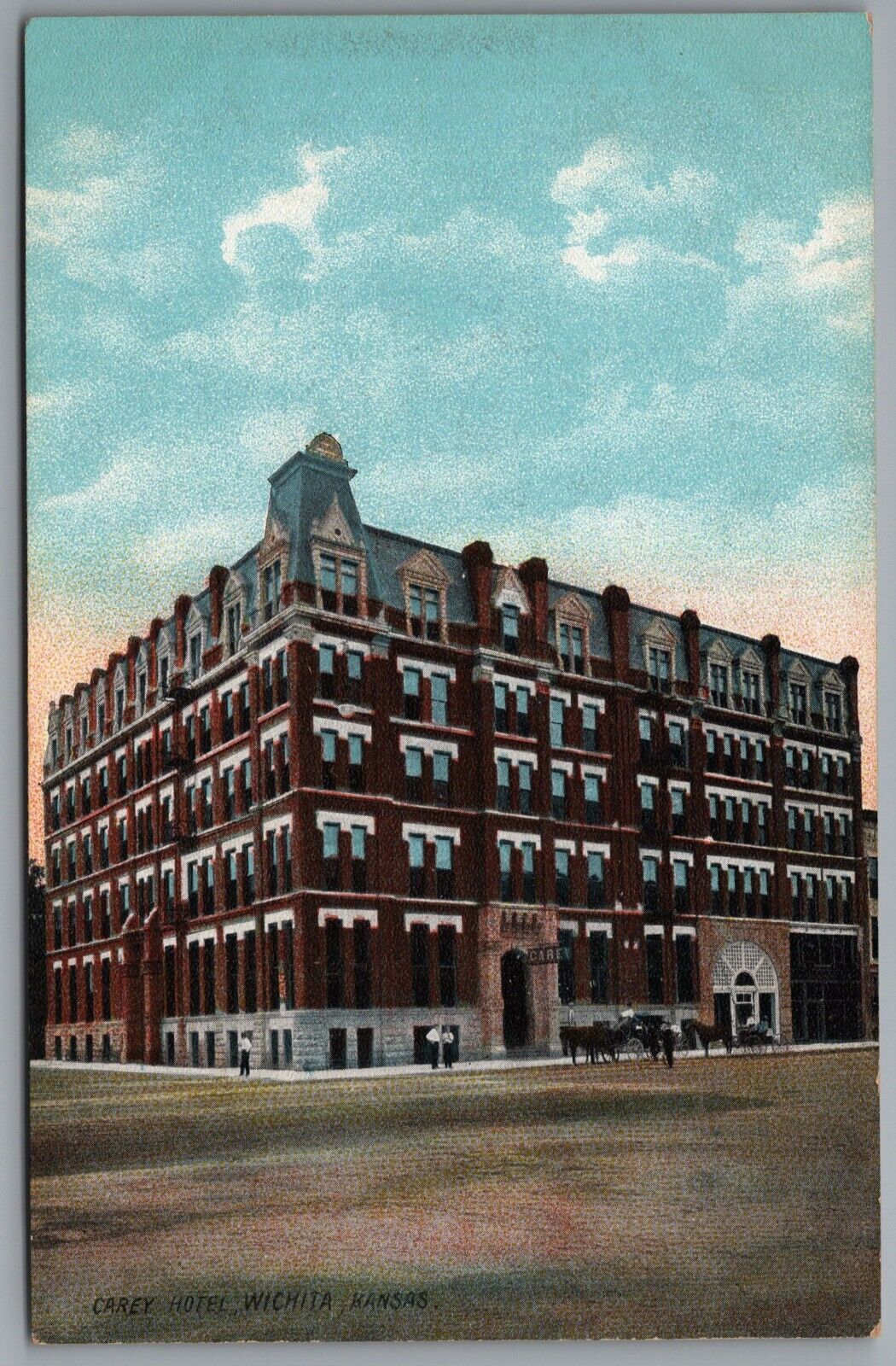 Carey Hotel Wichita KS Postcard c1908 Horse and Buggy Unposted