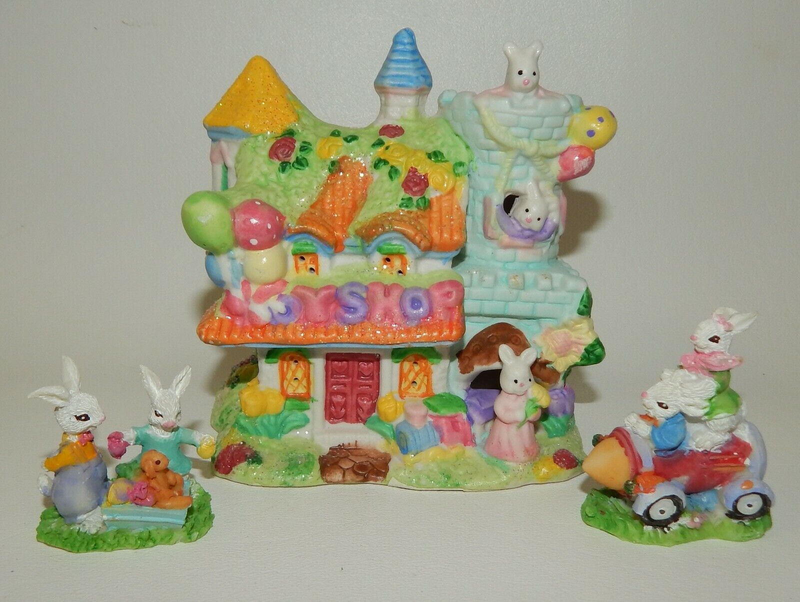 2004 Hoppy Hollow Easter Village Toy Shop with Bunnies Playing with Toys